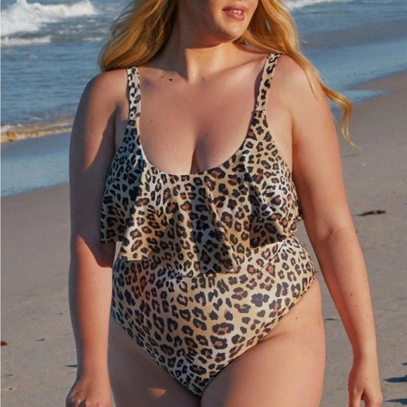 NEW Popvil Plus Size Ruffle Leopard Printed Brown One-piece Swimsuit - Picture 4 of 10